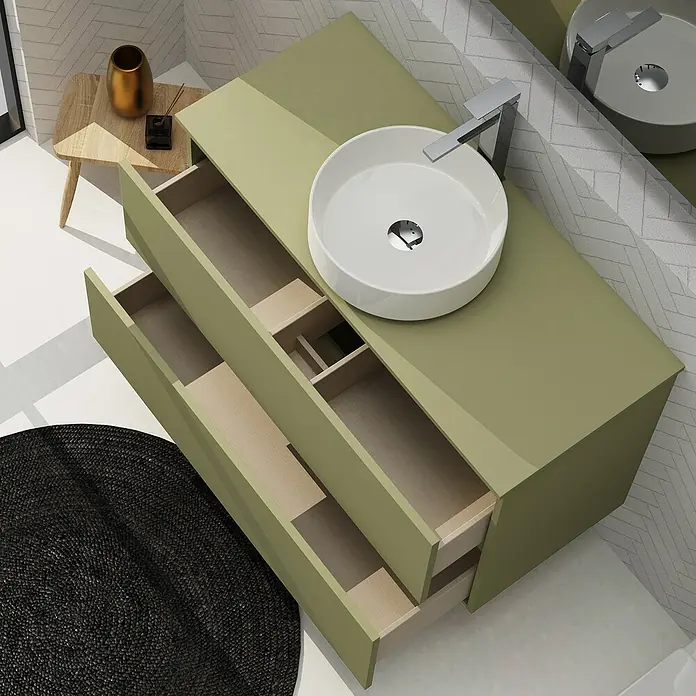 Artysan Conjunto de mueble de baño Harmony Top - Ancho: 100 cm, Verde cactus, 3 pzs. - Un tocador moderno en verde oliva con sistema de cajones abiertos y un lavabo sobre encimera. Diseño elegante para el baño.