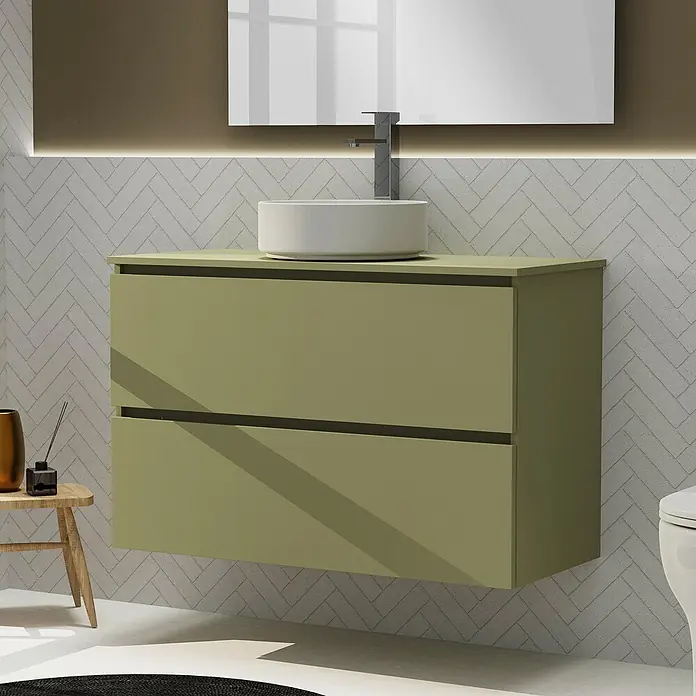 Artysan Conjunto de mueble de baño Harmony Top - Ancho: 100 cm, Verde cactus, 3 pzs. - Aquí hay un moderno tocador de baño con un gabinete verde, un lavabo redondo y un espejo elegante.