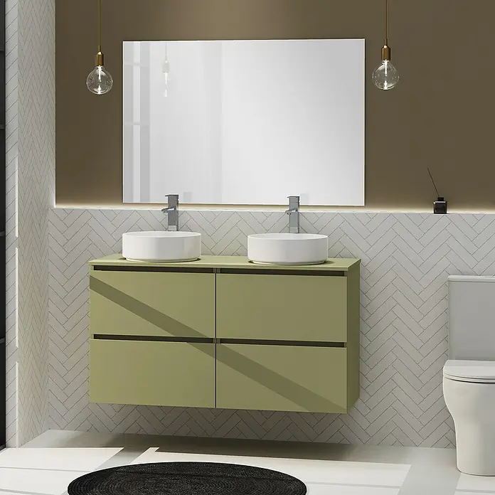 Artysan Conjunto de mueble de baño Harmony Top - Ancho: 120 cm, Verde cactus, 3 pzs. - Baño moderno con mueble de lavabo doble verde, lavabos sobre encimera blancos y espejo grande. Iluminación elegante con lámparas colgantes.