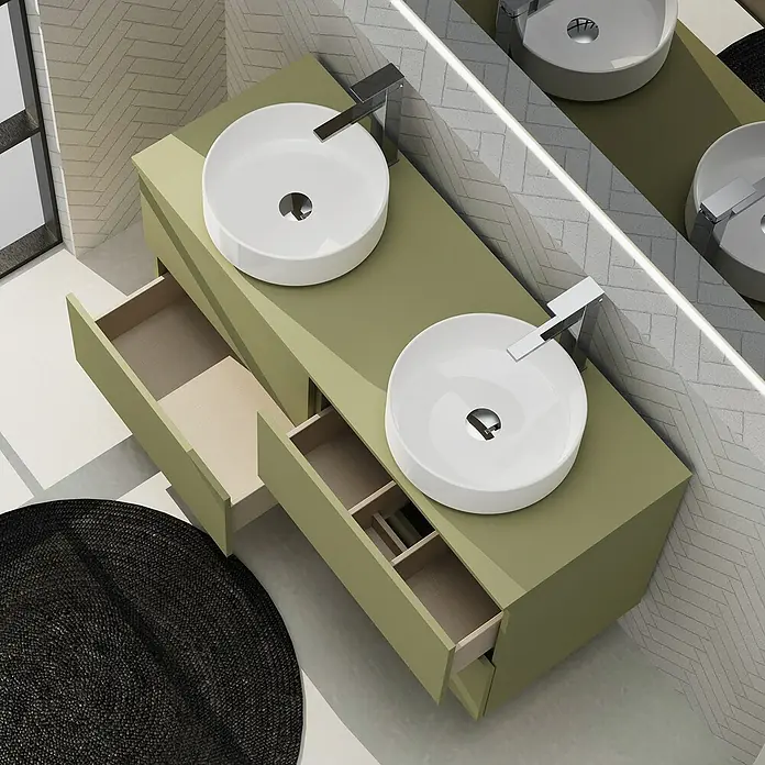 Artysan Conjunto de mueble de baño Harmony Top - Ancho: 120 cm, Verde cactus, 3 pzs. - Mueble de baño moderno verde con dos lavabos redondos y cajones abiertos, complementado con una alfombra redonda.