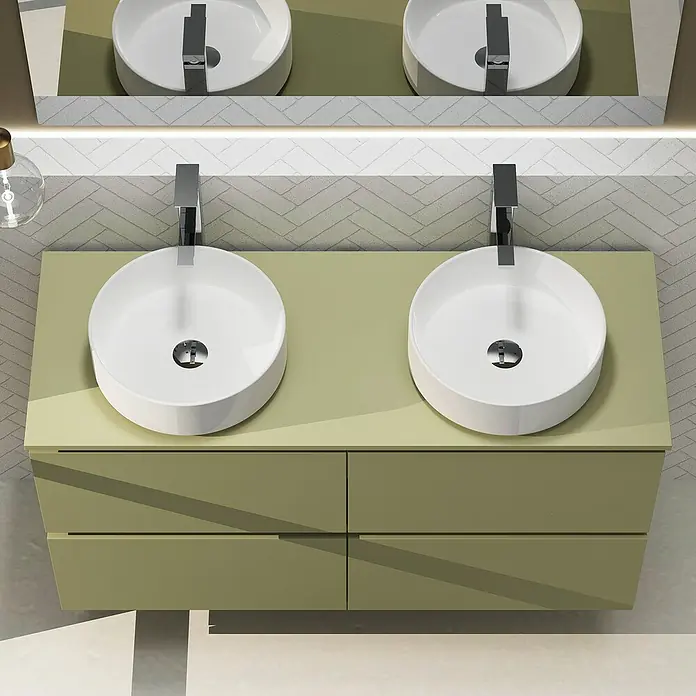 Artysan Conjunto de mueble de baño Harmony Top - Ancho: 120 cm, Verde cactus, 3 pzs. - Moderno accesorio de baño con doble lavabo y mueble verde. Diseño elegante para un baño contemporáneo con énfasis en la elegancia.
