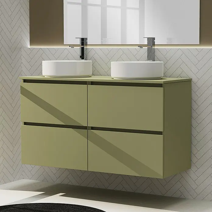 Artysan Conjunto de mueble de baño Harmony Top - Ancho: 120 cm, Verde cactus, 3 pzs. - Baño moderno con mueble de doble lavabo en verde oliva, dos lavabos redondos sobre encimera y espejo con iluminación suave.
