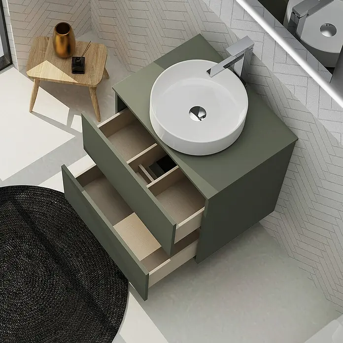 Artysan Conjunto de mueble de baño Harmony Top - Ancho: 60 cm, Verde musgo, 3 pzs. - Mueble de baño moderno con base verde, lavabo sobre encimera y cajones abiertos, ideal para un baño con estilo.