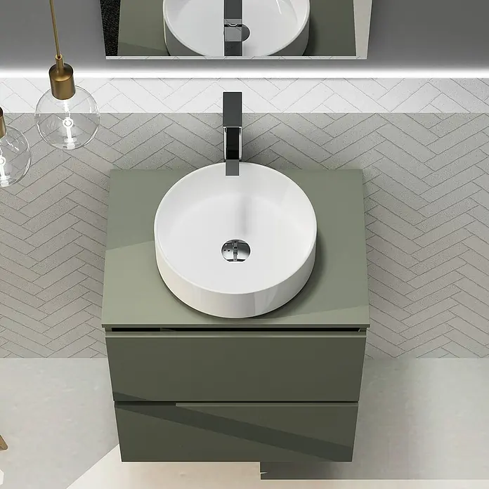 Artysan Conjunto de mueble de baño Harmony Top - Ancho: 60 cm, Verde musgo, 3 pzs. - Mueble de baño moderno en verde con lavabo redondo sobre encimera y dos cajones, creando un espacio elegante y funcional.