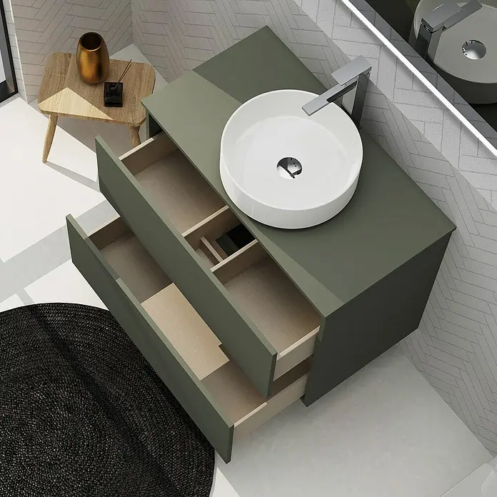 Artysan Conjunto de mueble de baño Harmony Top - Ancho: 80 cm, Verde musgo, 3 pzs. - Mueble de baño moderno verde con cajones abiertos y un lavabo redondo de cerámica para un diseño de baño elegante.