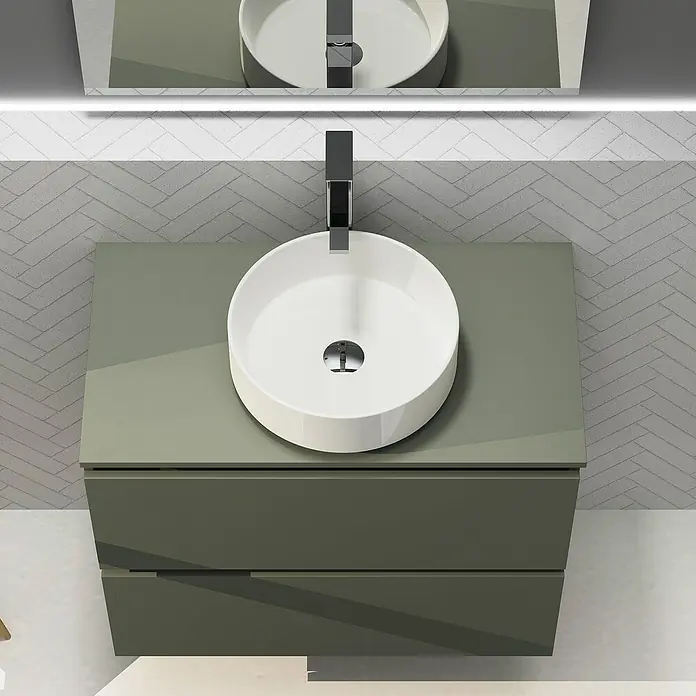 Artysan Conjunto de mueble de baño Harmony Top - Ancho: 80 cm, Verde musgo, 3 pzs. - Accesorio de baño moderno con un lavabo redondo sobre un tocador verde con espejo iluminado sobre una pared estampada.
