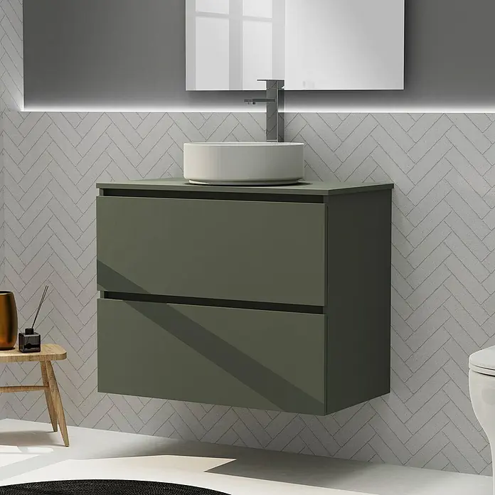 Artysan Conjunto de mueble de baño Harmony Top - Ancho: 80 cm, Verde musgo, 3 pzs. - Un moderno mueble de baño verde oliva con dos cajones y un lavabo sobre encimera. El mueble está fijado a la pared.