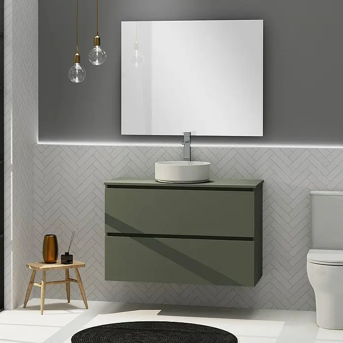 Artysan Conjunto de mueble de baño Harmony Top - Ancho: 100 cm, Verde musgo, 3 pzs. - Interior de baño moderno con un elegante mueble de lavabo verde oliva, un lavabo sobre encimera y un gran espejo.