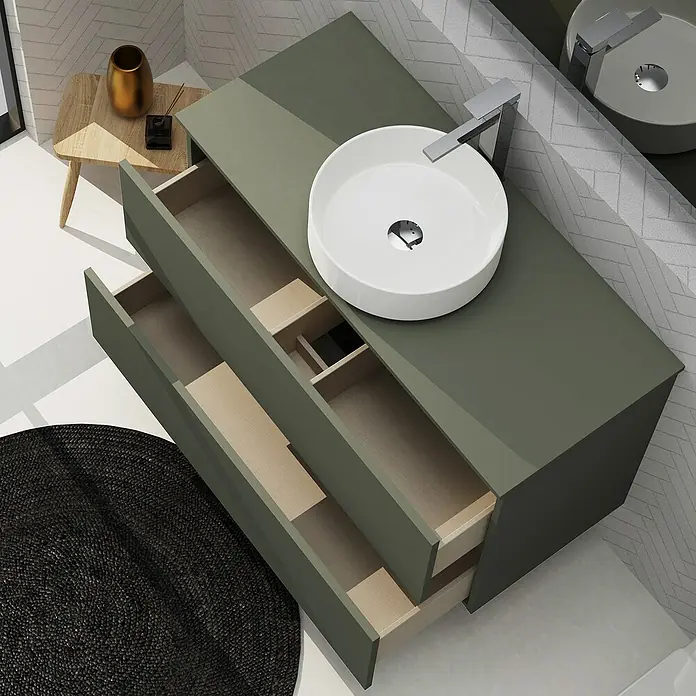 Artysan Conjunto de mueble de baño Harmony Top - Ancho: 100 cm, Verde musgo, 3 pzs. - Mueble de baño moderno verde oliva con cajones abiertos y lavabo redondo sobre encimera. Una adición con almacenamiento práctico.