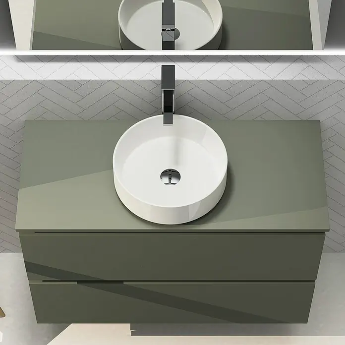 Artysan Conjunto de mueble de baño Harmony Top - Ancho: 100 cm, Verde musgo, 3 pzs. - Moderno mueble de baño con lavabo redondo sobre encimera y amplios cajones en un elegante acabado verde.