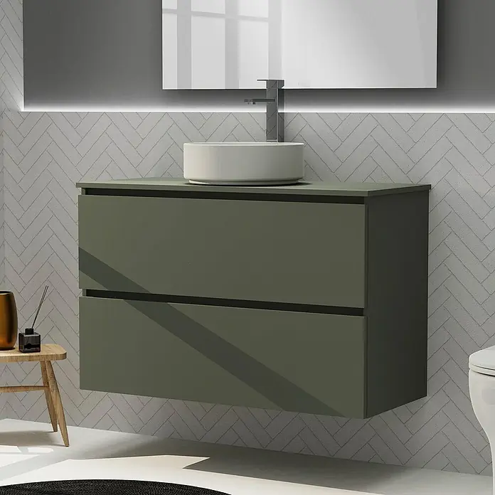 Artysan Conjunto de mueble de baño Harmony Top - Ancho: 100 cm, Verde musgo, 3 pzs. - Baño moderno con mueble de lavabo verde oliva, lavabo redondo y espejo grande con iluminación ambiental posterior.