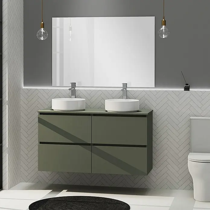 Artysan Conjunto de mueble de baño Harmony Top - Ancho: 120 cm, Verde musgo, 3 pzs. - Baño moderno con un lavabo doble color oliva, dos lavabos redondos sobre encimera y un gran espejo. Incluye iluminación elegante y detalles de estilo.