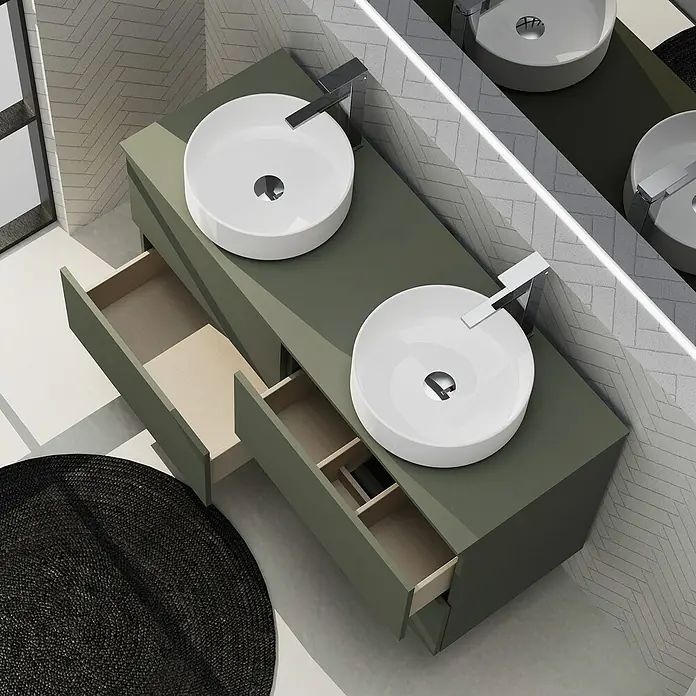 Artysan Conjunto de mueble de baño Harmony Top - Ancho: 120 cm, Verde musgo, 3 pzs. - Mueble de lavabo doble con dos lavabos sobre encimera redondos y cajones abiertos, diseño moderno para baño elegante.