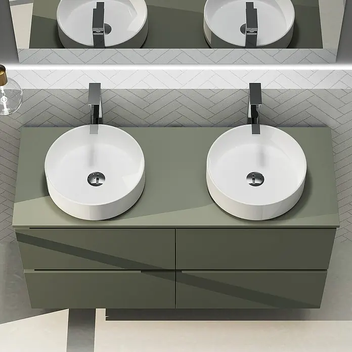 Artysan Conjunto de mueble de baño Harmony Top - Ancho: 120 cm, Verde musgo, 3 pzs. - Tocador doble con dos lavabos redondos y un mueble de diseño moderno.