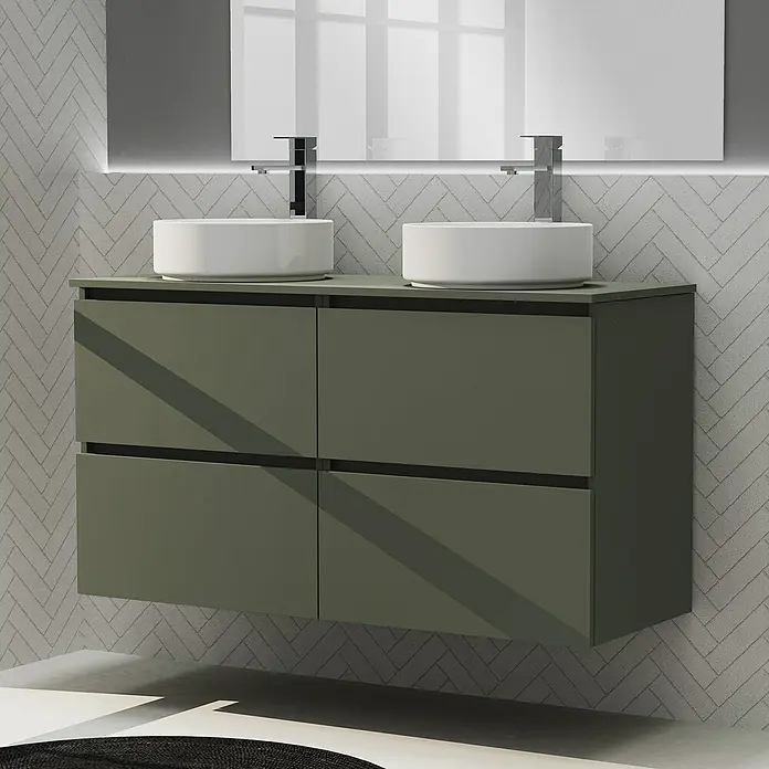 Artysan Conjunto de mueble de baño Harmony Top - Ancho: 120 cm, Verde musgo, 3 pzs. - Baño moderno con mueble de lavabo verde, dos lavabos redondos sobre encimera y espejo iluminado.