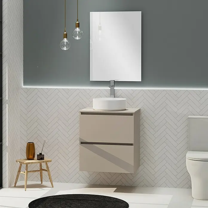 Artysan Conjunto de mueble de baño Harmony Top - Ancho: 60 cm, Visón, 3 pzs. - Elegante interior de baño con moderno mueble de lavabo beige, lavabo sobre encimera, espejo y luces colgantes con estilo.