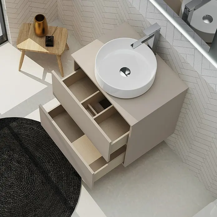 Artysan Conjunto de mueble de baño Harmony Top - Ancho: 60 cm, Visón, 3 pzs. - Un baño elegante que presenta un tocador moderno con cajones y un lavabo redondo sobre un fondo de espiga.