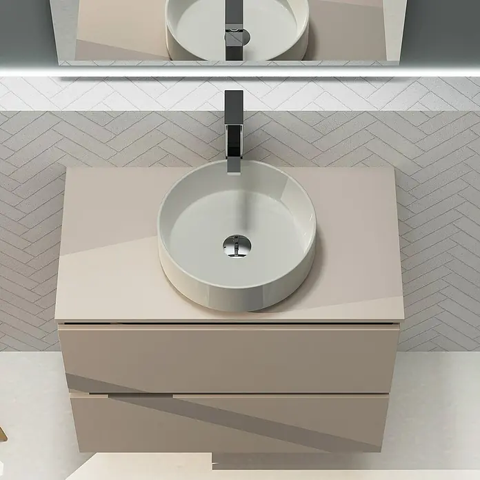 Artysan Conjunto de mueble de baño Harmony Top - Ancho: 80 cm, Visón, 3 pzs. - La imagen muestra un tocador de baño moderno con un lavabo redondo y un elegante mueble beige.