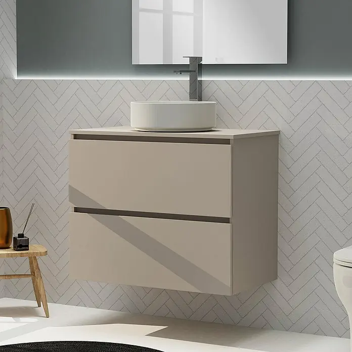 Artysan Conjunto de mueble de baño Harmony Top - Ancho: 80 cm, Visón, 3 pzs. - Mueble de baño moderno con dos cajones en beige suave, complementado con un lavabo sobre encimera y un espejo elegante con iluminación LED.
