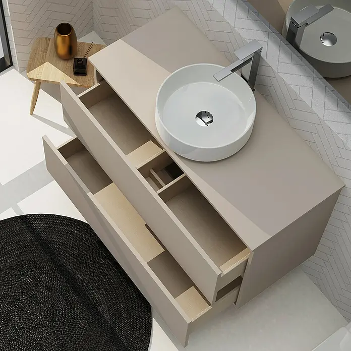 Artysan Conjunto de mueble de baño Harmony Top - Ancho: 100 cm, Visón, 3 pzs. - Un mueble de baño moderno con cajones abiertos y lavabo sobre encimera, ideal para baños elegantes.