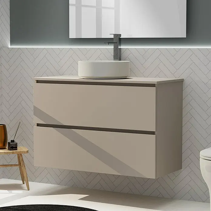 Artysan Conjunto de mueble de baño Harmony Top - Ancho: 100 cm, Visón, 3 pzs. - Un moderno tocador de baño beige con dos cajones y un lavabo sobre encimera, elegantemente montado en una pared de espiga.