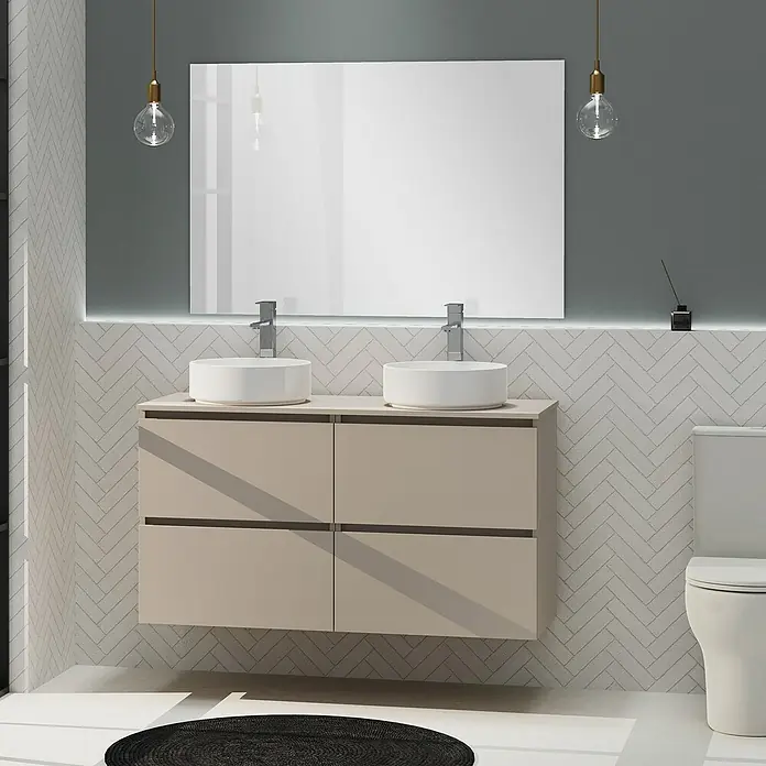 Artysan Conjunto de mueble de baño Harmony Top - Ancho: 120 cm, Visón, 3 pzs. - Interior de baño moderno con un tocador con doble lavabo, espejo y váter con un diseño elegante.