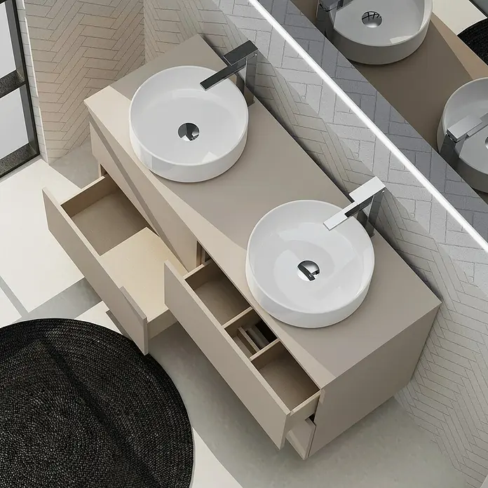 Artysan Conjunto de mueble de baño Harmony Top - Ancho: 120 cm, Visón, 3 pzs. - Vista superior de un mueble de baño con dos lavabos redondos y cajones abiertos. El diseño es moderno y minimalista.