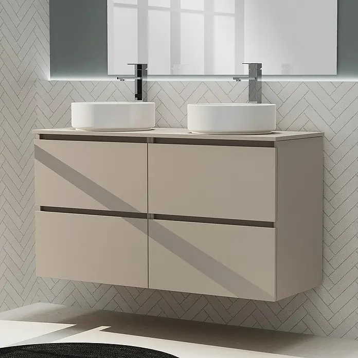 Artysan Conjunto de mueble de baño Harmony Top - Ancho: 120 cm, Visón, 3 pzs. - Un tocador de baño con dos lavabos redondos, un diseño moderno y cuatro cajones en un tono claro, que desprende elegancia.