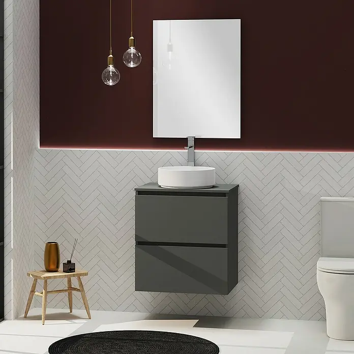 Artysan Conjunto de mueble de baño Harmony Top - Ancho: 60 cm, Gris oscuro, 3 pzs. - Elegante baño con un moderno mueble de lavabo gris, un lavabo redondo sobre encimera y un espejo minimalista.