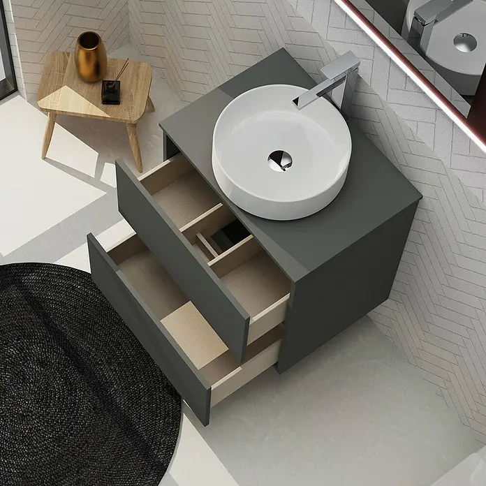 Artysan Conjunto de mueble de baño Harmony Top - Ancho: 60 cm, Gris oscuro, 3 pzs. - Lavabo de baño moderno con sistema de cajones abiertos, perfecto para diseños de baño elegantes y uso funcional del espacio.
