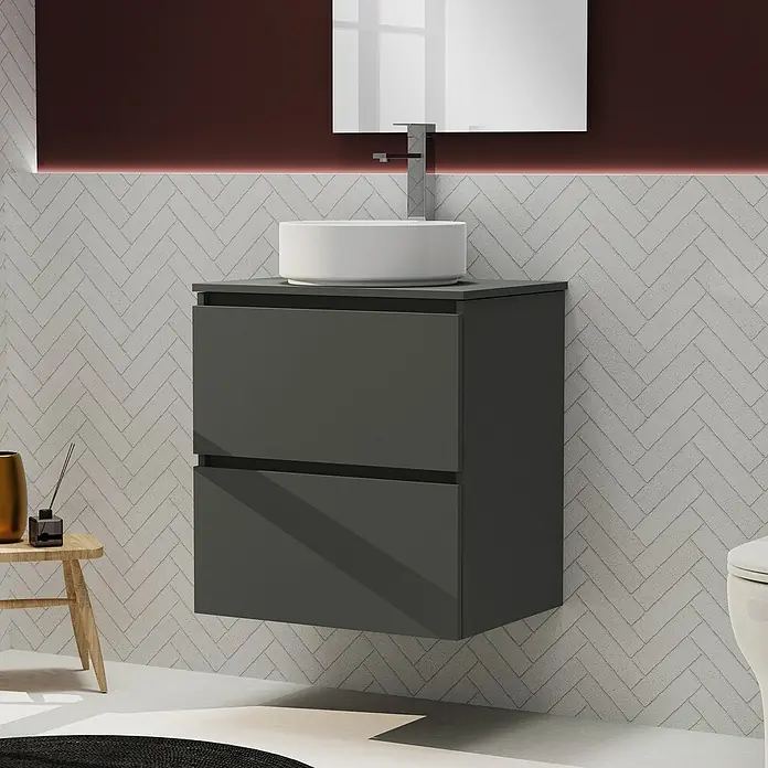 Artysan Conjunto de mueble de baño Harmony Top - Ancho: 60 cm, Gris oscuro, 3 pzs. - Mueble de baño gris con lavabo y espejo. El diseño moderno se complementa con una pared elegante.