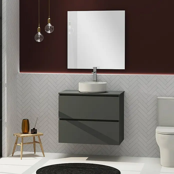 Artysan Conjunto de mueble de baño Harmony Top - Ancho: 80 cm, Gris oscuro, 3 pzs. - Diseño de baño moderno con mueble de lavabo gris, lavabo sobre encimera redondo y espejo cuadrado.