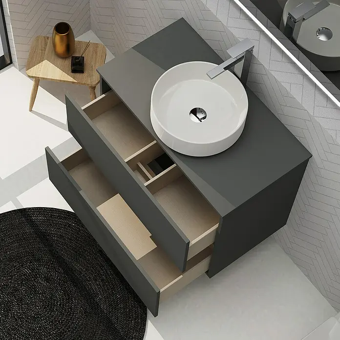 Artysan Conjunto de mueble de baño Harmony Top - Ancho: 80 cm, Gris oscuro, 3 pzs. - Moderno baño con mueble gris, lavabo redondo sobre encimera y dos cajones abiertos.