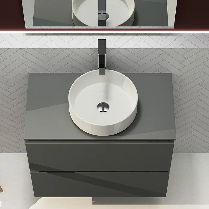 Artysan Conjunto de mueble de baño Harmony Top - Ancho: 80 cm, Gris oscuro, 3 pzs. - Un moderno lavabo de baño con un lavabo sobre encimera redondo y una combinación de gabinete gris. Diseño elegante para baños con estilo.