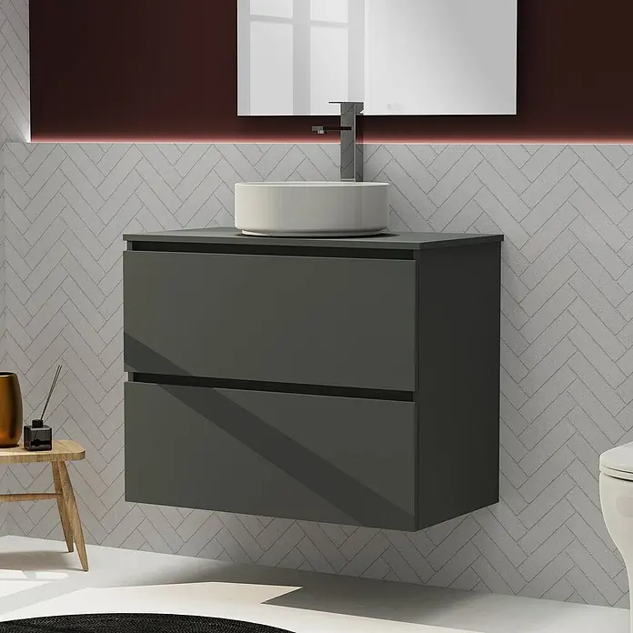 Artysan Conjunto de mueble de baño Harmony Top - Ancho: 80 cm, Gris oscuro, 3 pzs. - Moderno tocador gris con dos cajones y lavabo de encimera redondo, perfecto para baños elegantes. Diseño atemporal para su hogar.