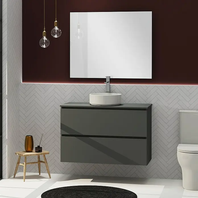 Artysan Conjunto de mueble de baño Harmony Top - Ancho: 100 cm, Gris oscuro, 3 pzs. - Elegante baño con mueble de lavabo gris, lavabo sobre encimera e iluminación elegante.