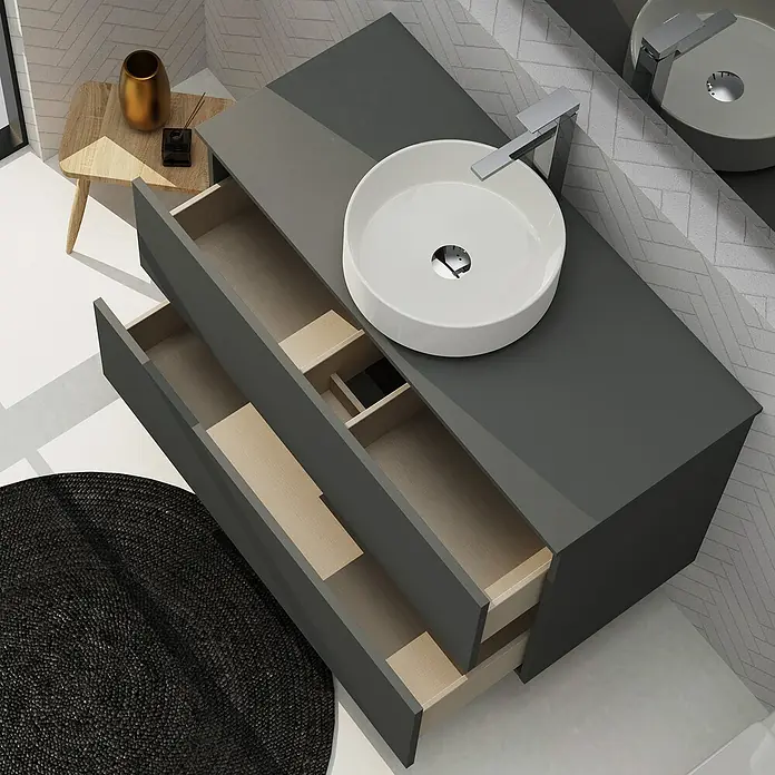 Artysan Conjunto de mueble de baño Harmony Top - Ancho: 100 cm, Gris oscuro, 3 pzs. - Mueble de baño en gris con sistema de cajones abiertos y lavabo redondo sobre encimera. Diseño elegante para baños modernos.