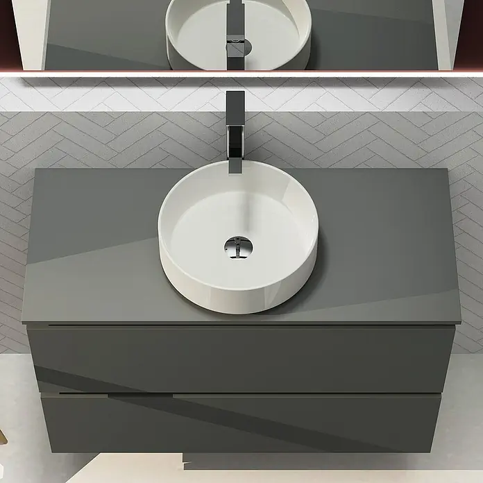 Artysan Conjunto de mueble de baño Harmony Top - Ancho: 100 cm, Gris oscuro, 3 pzs. - Moderno lavabo de baño con mueble gris y lavabo sobre encimera blanco para una estética elegante.