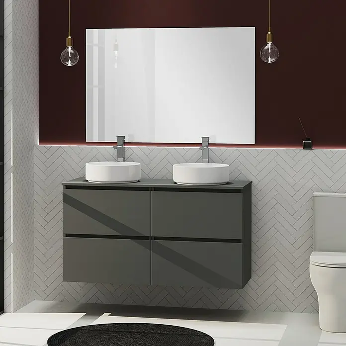 Artysan Conjunto de mueble de baño Harmony Top - Ancho: 120 cm, Gris oscuro, 3 pzs. - Un baño moderno con un mueble de lavabo doble gris, dos lavabos redondos sobre encimera y un gran espejo.