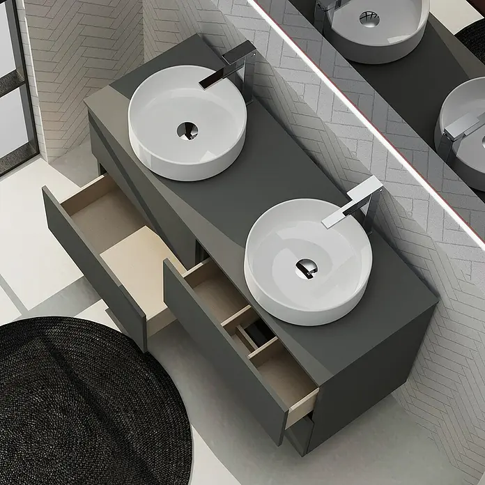 Artysan Conjunto de mueble de baño Harmony Top - Ancho: 120 cm, Gris oscuro, 3 pzs. - Un tocador de baño con dos lavabos redondos y cajones abiertos proporciona un amplio espacio de almacenamiento y diseño moderno.
