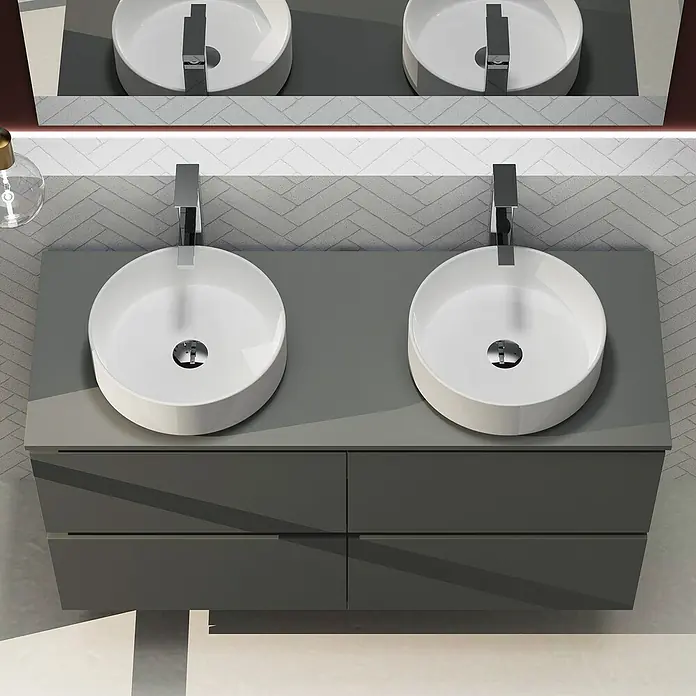 Artysan Conjunto de mueble de baño Harmony Top - Ancho: 120 cm, Gris oscuro, 3 pzs. - Mueble de baño moderno con dos lavabos redondos sobre encimera y armarios grises.