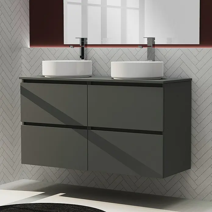 Artysan Conjunto de mueble de baño Harmony Top - Ancho: 120 cm, Gris oscuro, 3 pzs. - Mueble de baño gris con dos lavabos sobre encimera redondos y grifos modernos frente a una pared con patrón de espiga.
