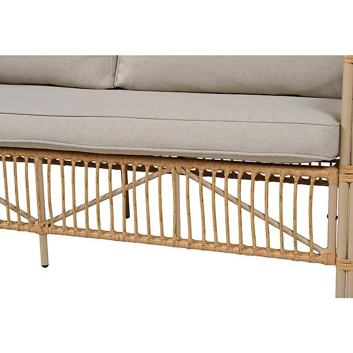 Conjunto de muebles Neel - 4 pzs., Acero/Ratán sintético, Natural/Beige - Primer plano de un sofá de ratán con cojines beige, mostrando la textura natural y el diseño del mueble.