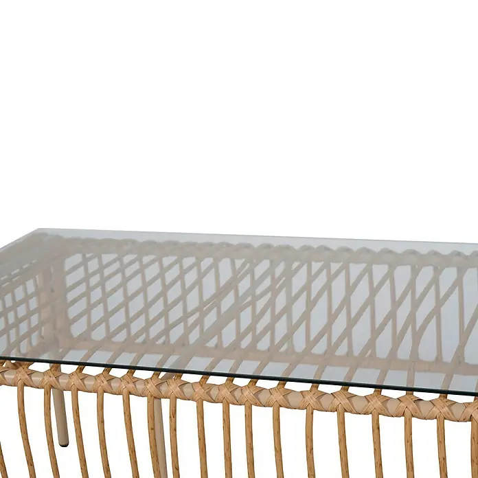 Conjunto de muebles Neel - 4 pzs., Acero/Ratán sintético, Natural/Beige - Primer plano de una mesa de ratán con una superficie de vidrio, que muestra la textura y los materiales naturales.