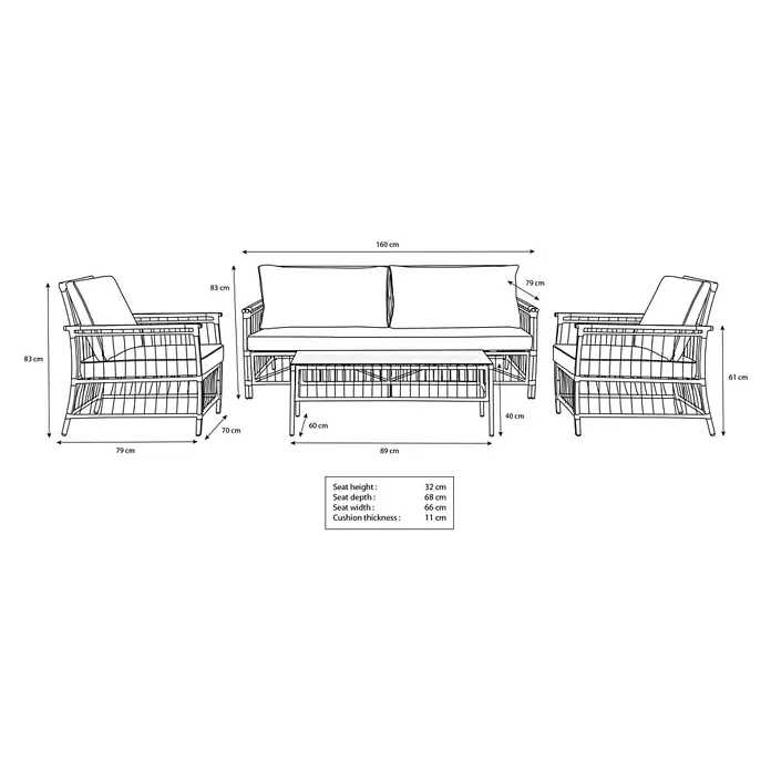 Conjunto de muebles Neel - 4 pzs., Acero/Ratán sintético, Natural/Beige - Un dibujo esquemático del conjunto de muebles de jardín que incluye sofá, dos sillones y mesa, con todas las dimensiones.