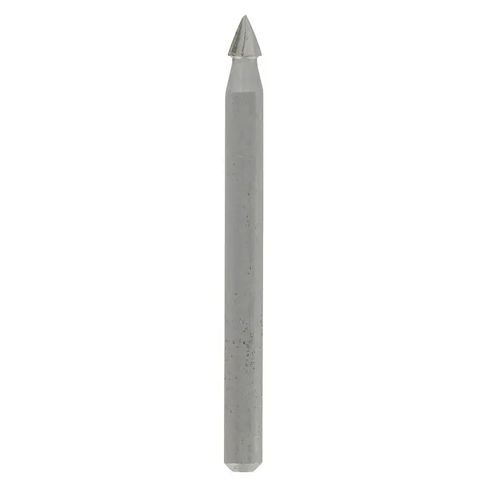 Dremel Fräsmesser 118Durchmesser Kopf: 3,2 mm, Kegelkopf, Hartmetall, 2 Stk. - Das Bild zeigt einen einzelnen, silberfarbenen Glasbohrer mit einer spitzen Spitze, der für präzise Bohrungen in Glas oder ähnlichen Materialien geeignet ist.
