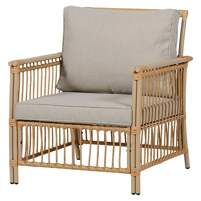 Conjunto de muebles Neel - 4 pzs., Acero/Ratán sintético, Natural/Beige - Elegante sillón de ratán con cojines beige. El sillón ofrece comodidad y un diseño moderno para salones y terrazas.