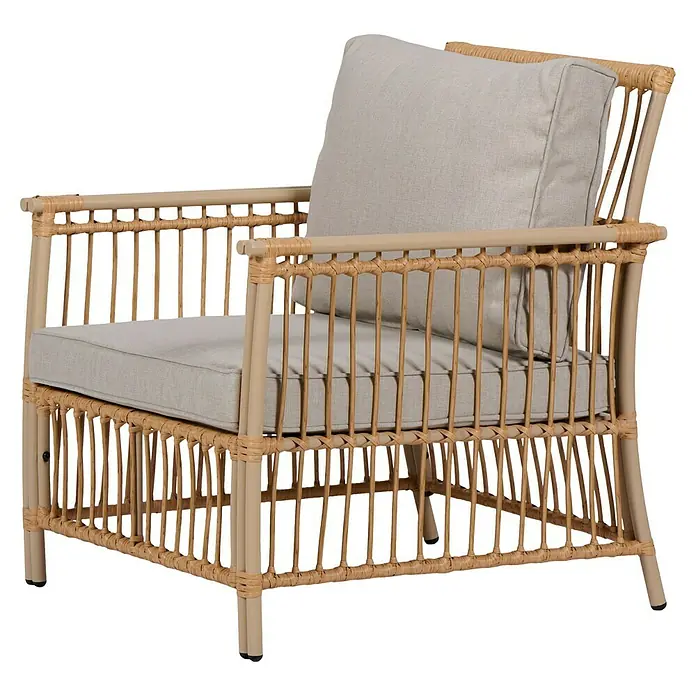 Conjunto de muebles Neel - 4 pzs., Acero/Ratán sintético, Natural/Beige - Elegante sillón de ratán con cojines cómodos. El sillón invita a relajarse y es un verdadero centro de atención.