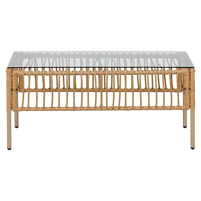 Conjunto de muebles Neel - 4 pzs., Acero/Ratán sintético, Natural/Beige - Imagen de una mesa de centro con tapa de cristal y estructura de material natural, ideal para salones y zonas de estar.