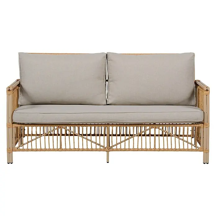 Conjunto de muebles Neel - 4 pzs., Acero/Ratán sintético, Natural/Beige - Un elegante sofá de ratán con cómodos cojines de color gris claro, perfecto para la sala de estar o el patio.